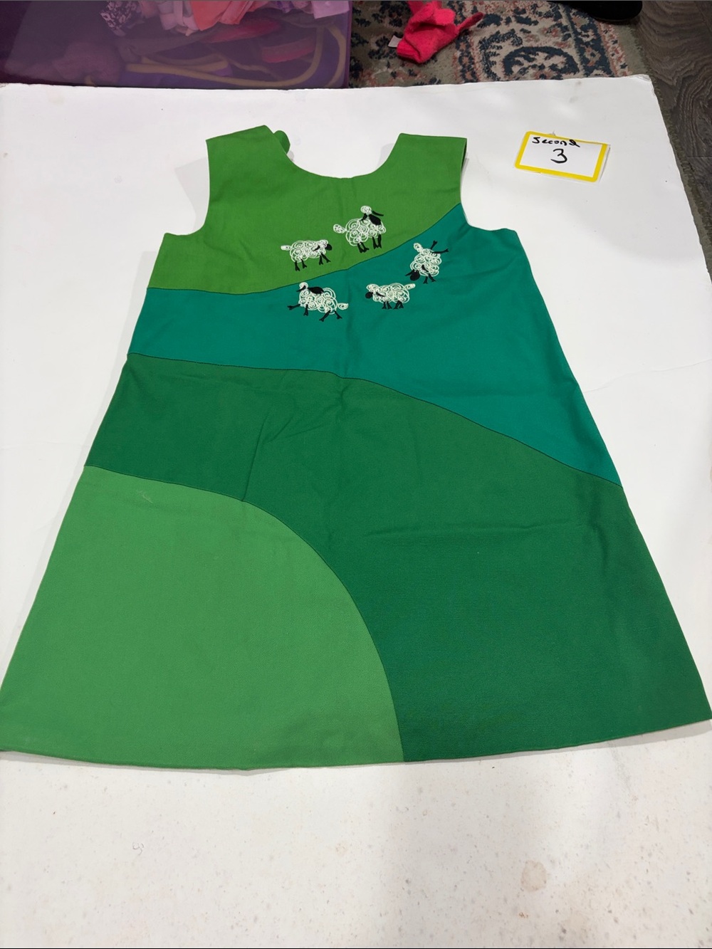 Green Patchwork A-Line Kids Dress with Sheep Embroidery